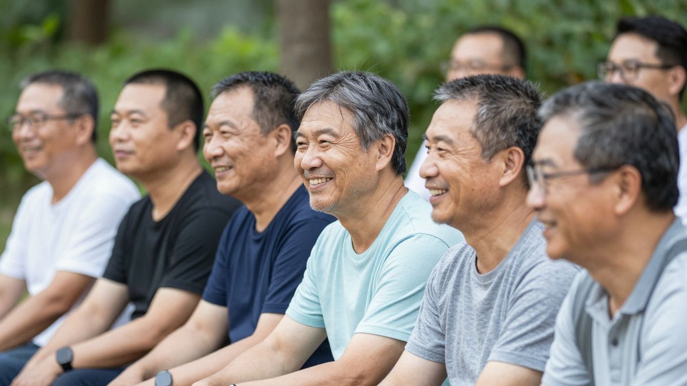 Healthy middle-aged men outdoors smiling together