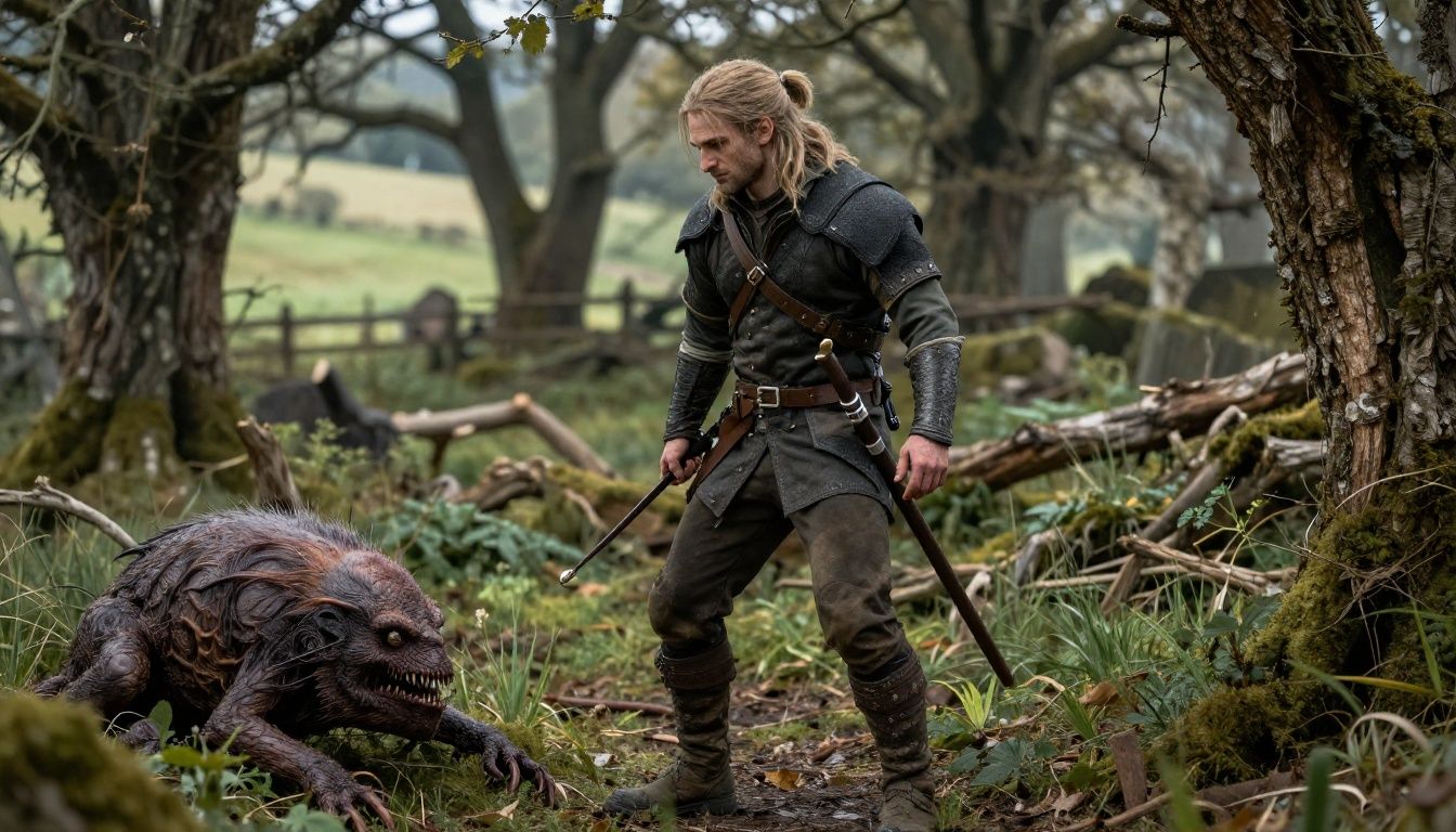 Geralt de Rivia confrontando uma criatura perigosa em um cenário bucólico e detalhado
