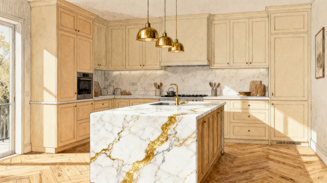 Elegant kitchen island with warm veining