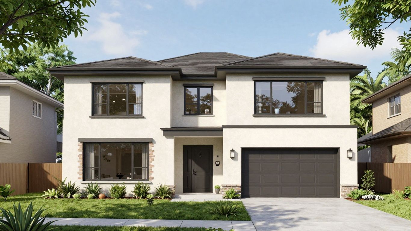 Modern dual occupancy home with two entrances in a green setting.