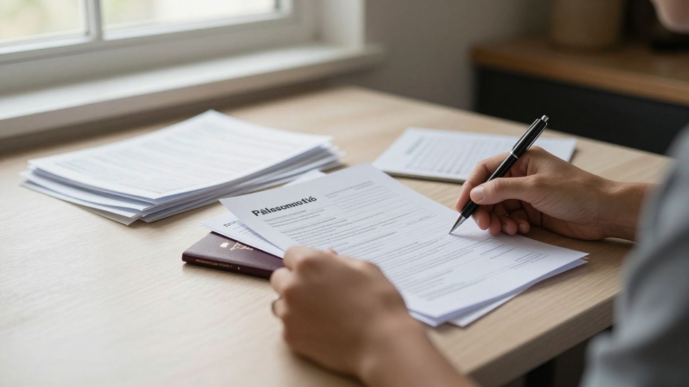 Persona revisando documentos migratorios en una mesa