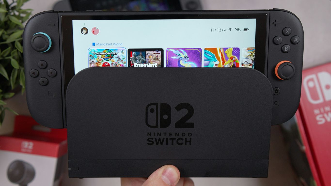 A nintendo switch is docked and on.