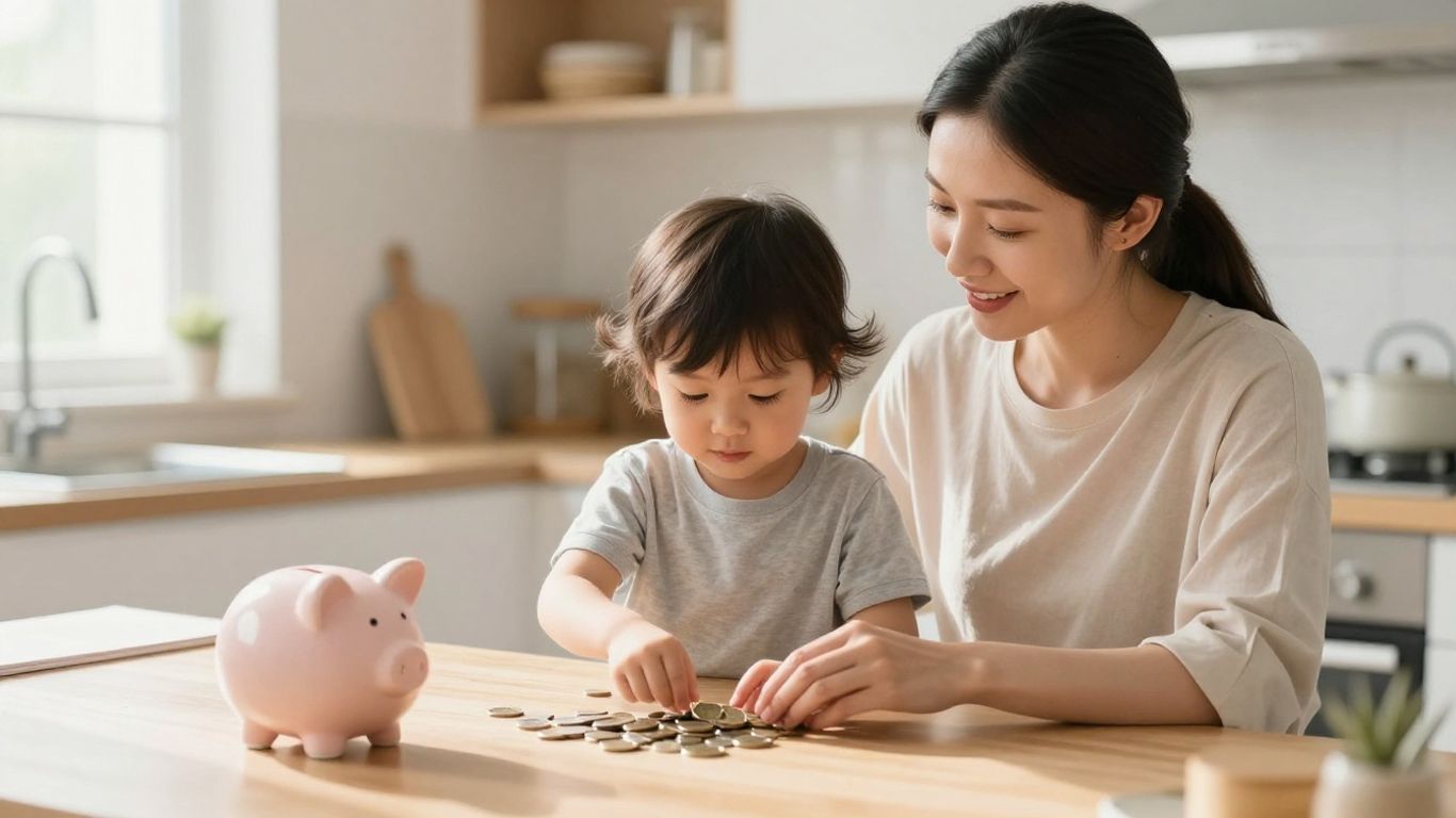 Madre e hijo con alcancía y monedas.