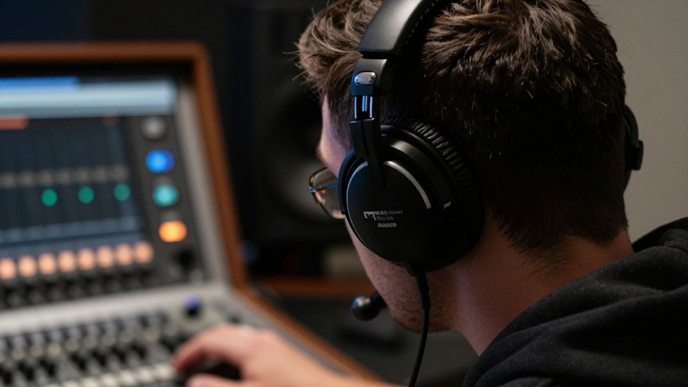 Person wearing headphones, mixing audio.