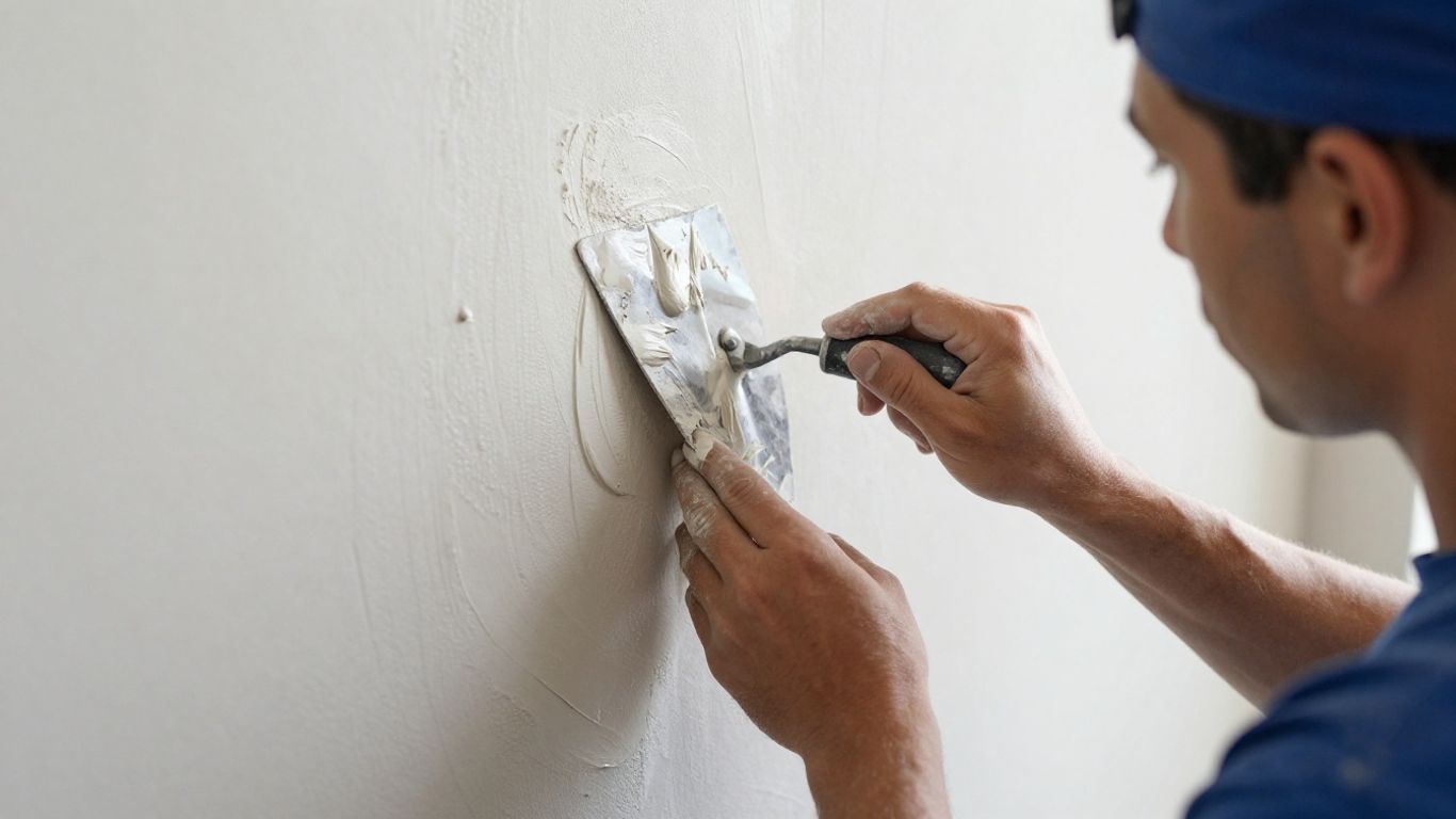 Plasterer applying smooth plaster to a wall with a trowel.