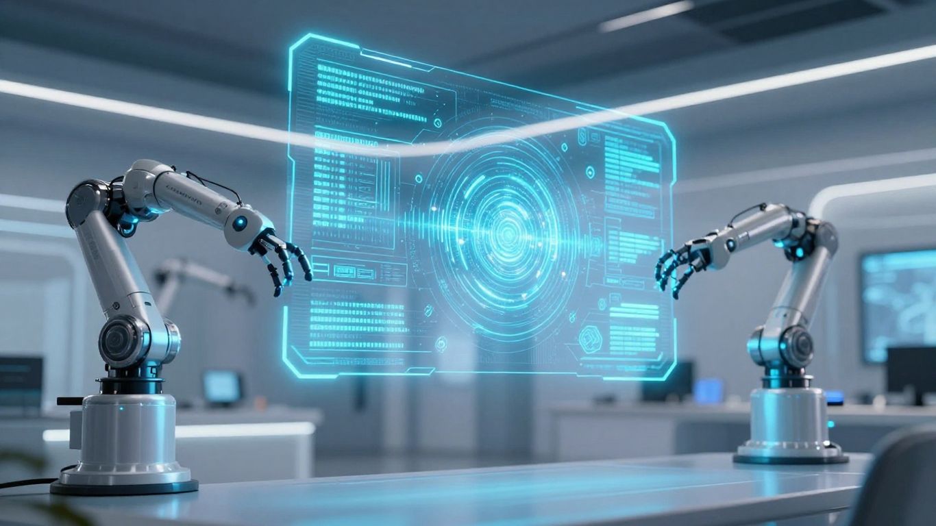 Interface futurista com IA e anúncios holográficos.