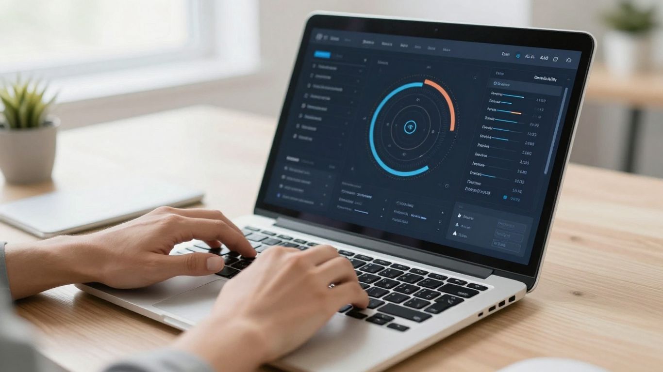 Hands operating a digital automation software dashboard