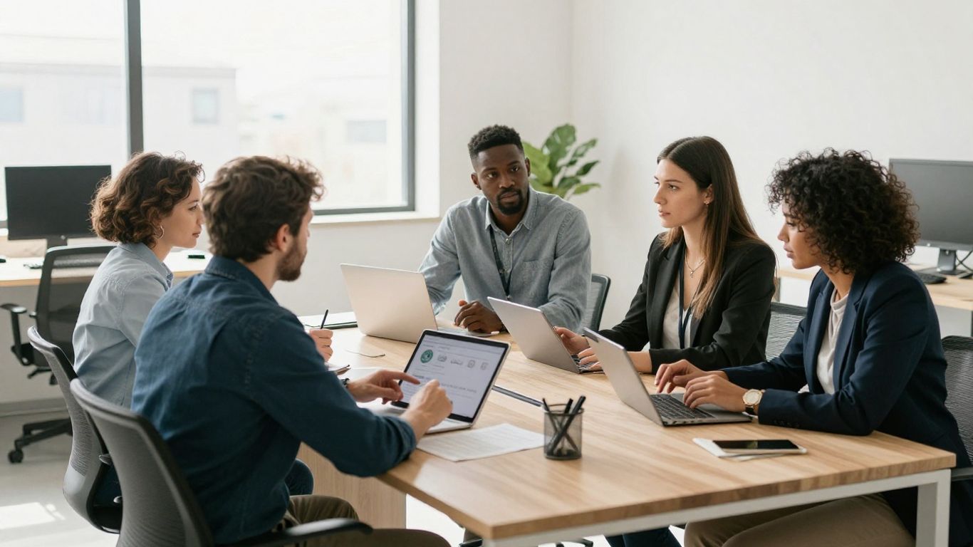 Team collaborating in a bright, modern office space.