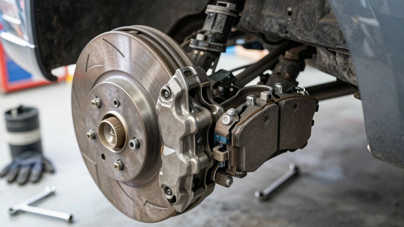 Mechanic comparing brake parts beside vehicle