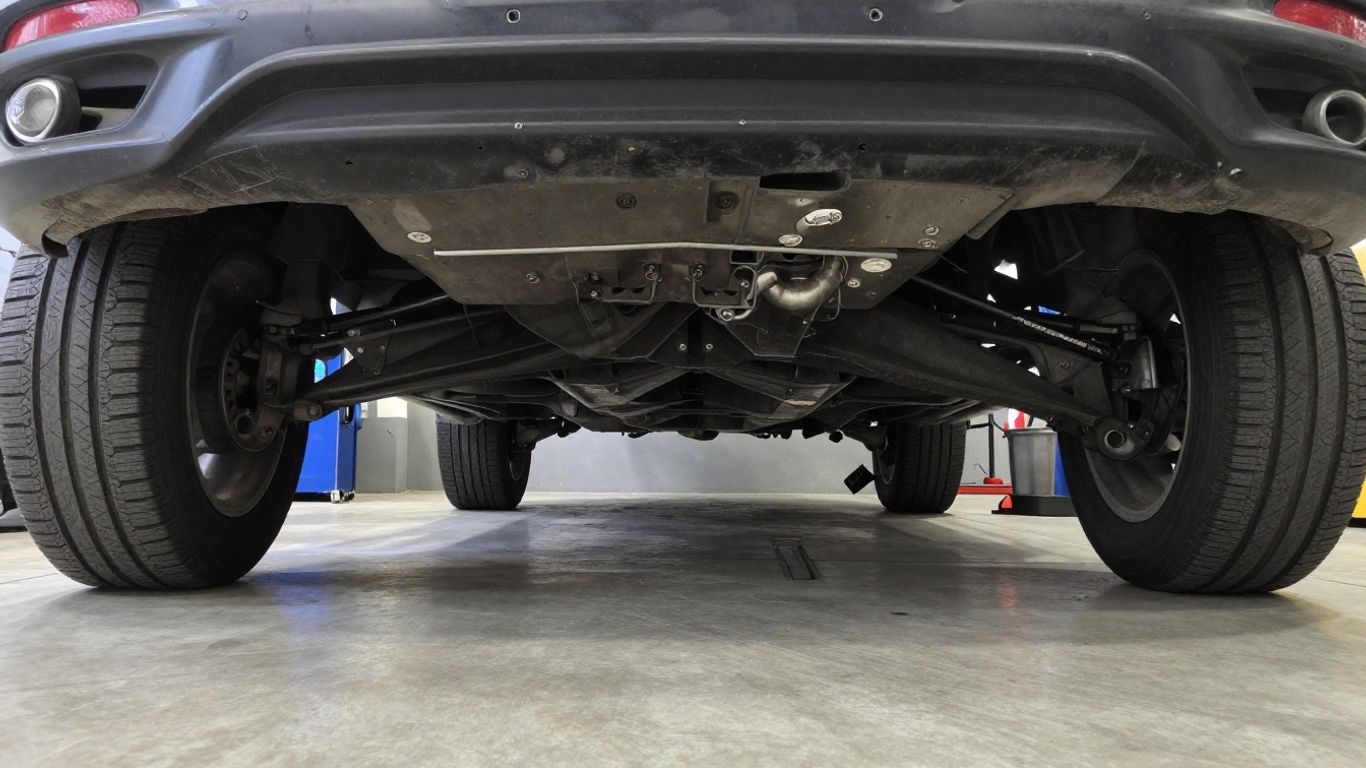 Mechanic installing transmission beneath raised car