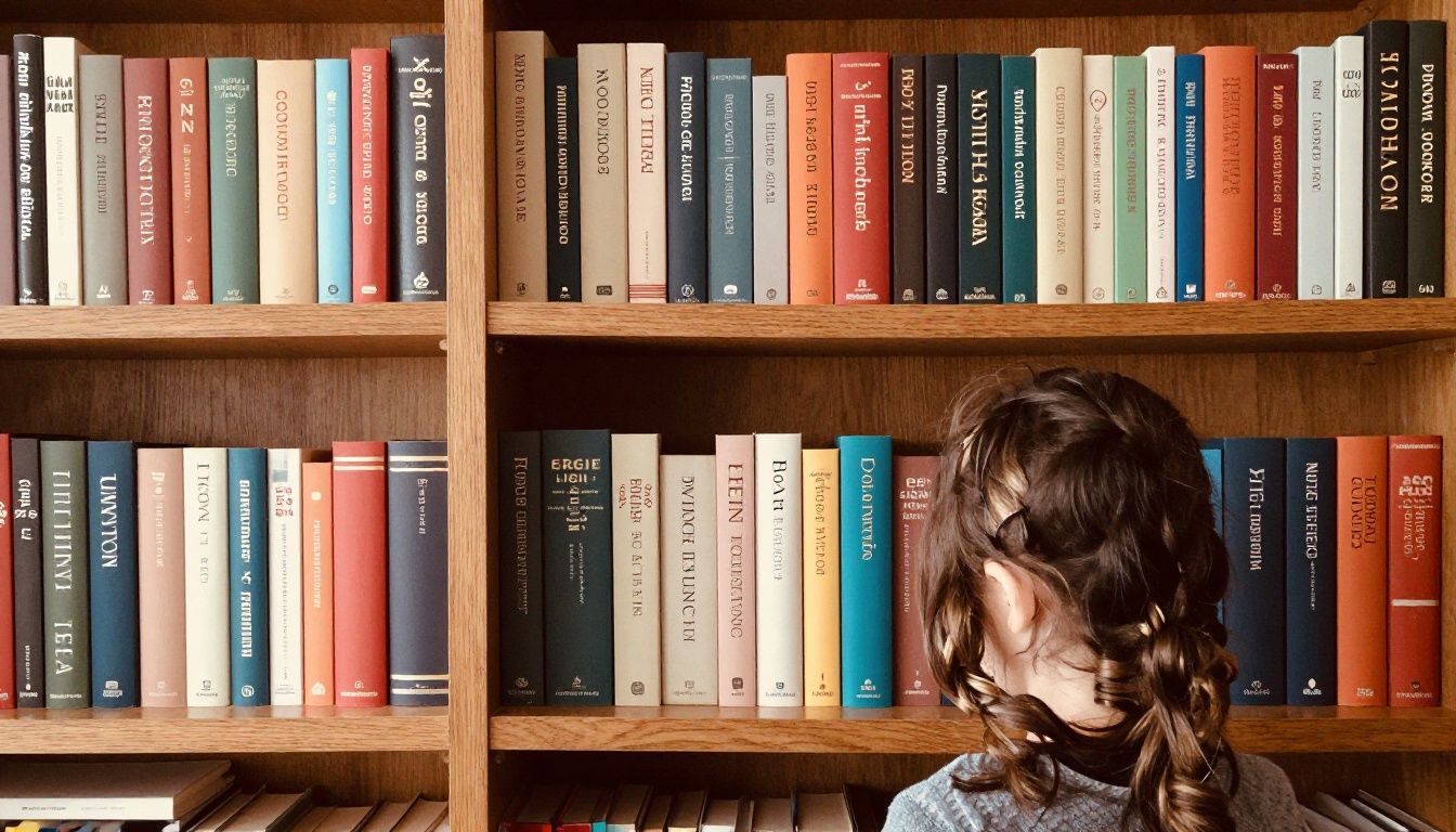 Estante organizada com livros classificados por cores, temas e tamanhos em um ambiente aconchegante