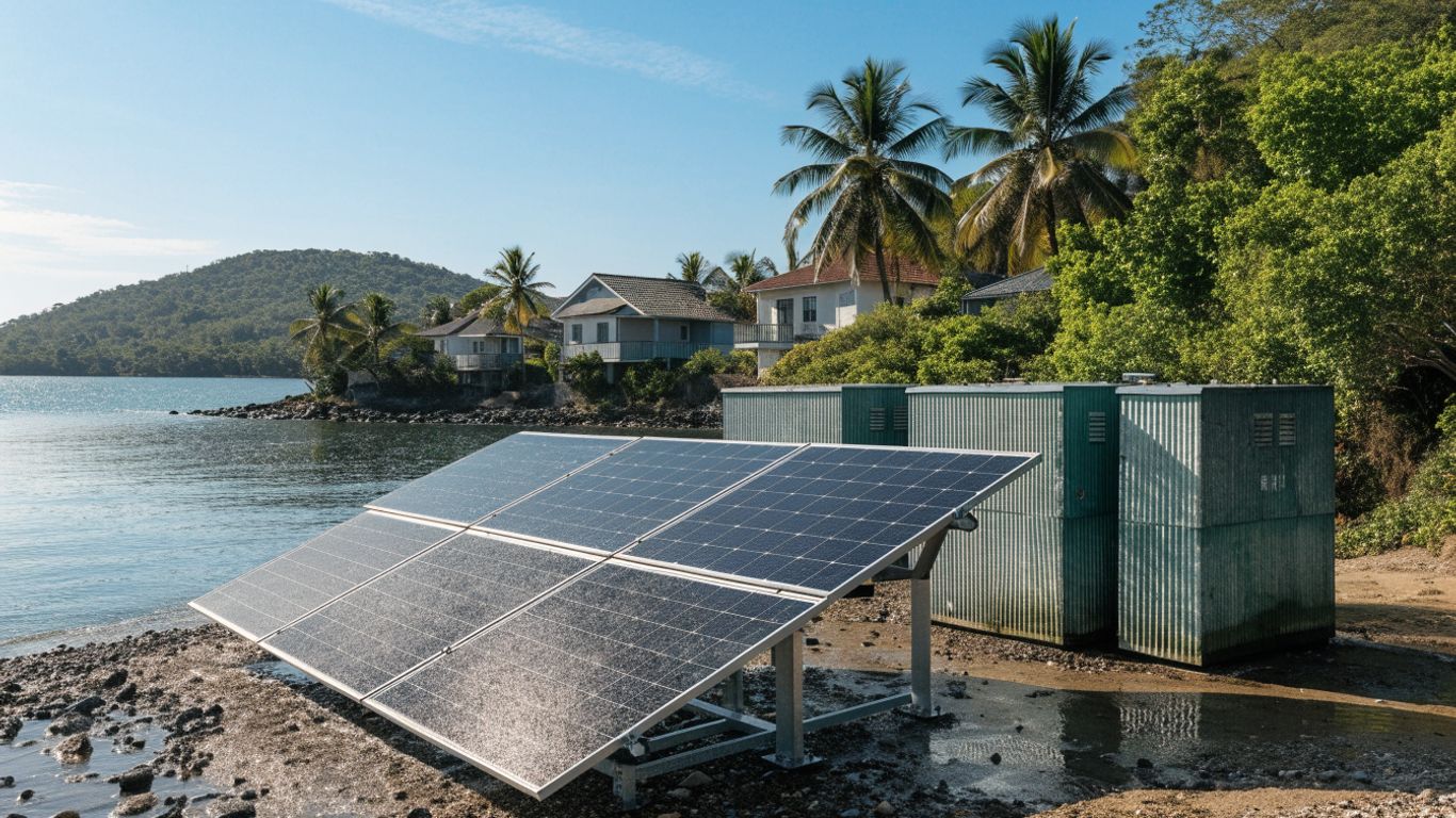 Solar panels and battery storage beside an island community