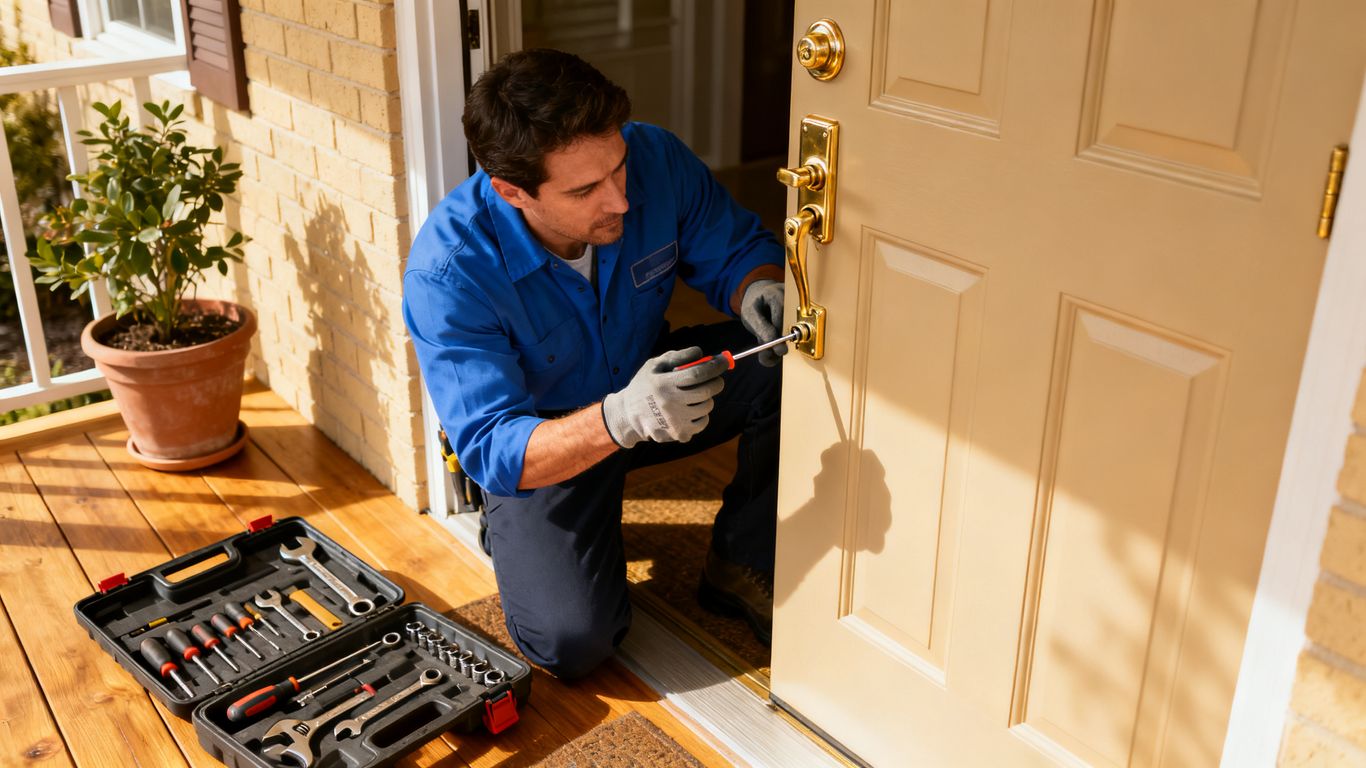Technician repairing residential door lock