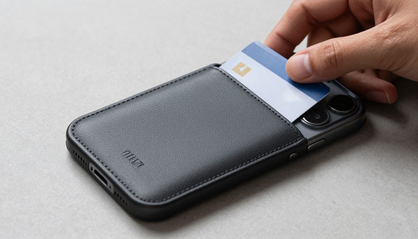 A close-up of someone sliding their public transport card out of the back of a sleek, dark iPhone 17 wallet case.