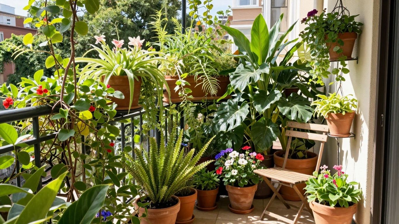 Grüner Balkon mit vielen Pflanzen und Blumen.