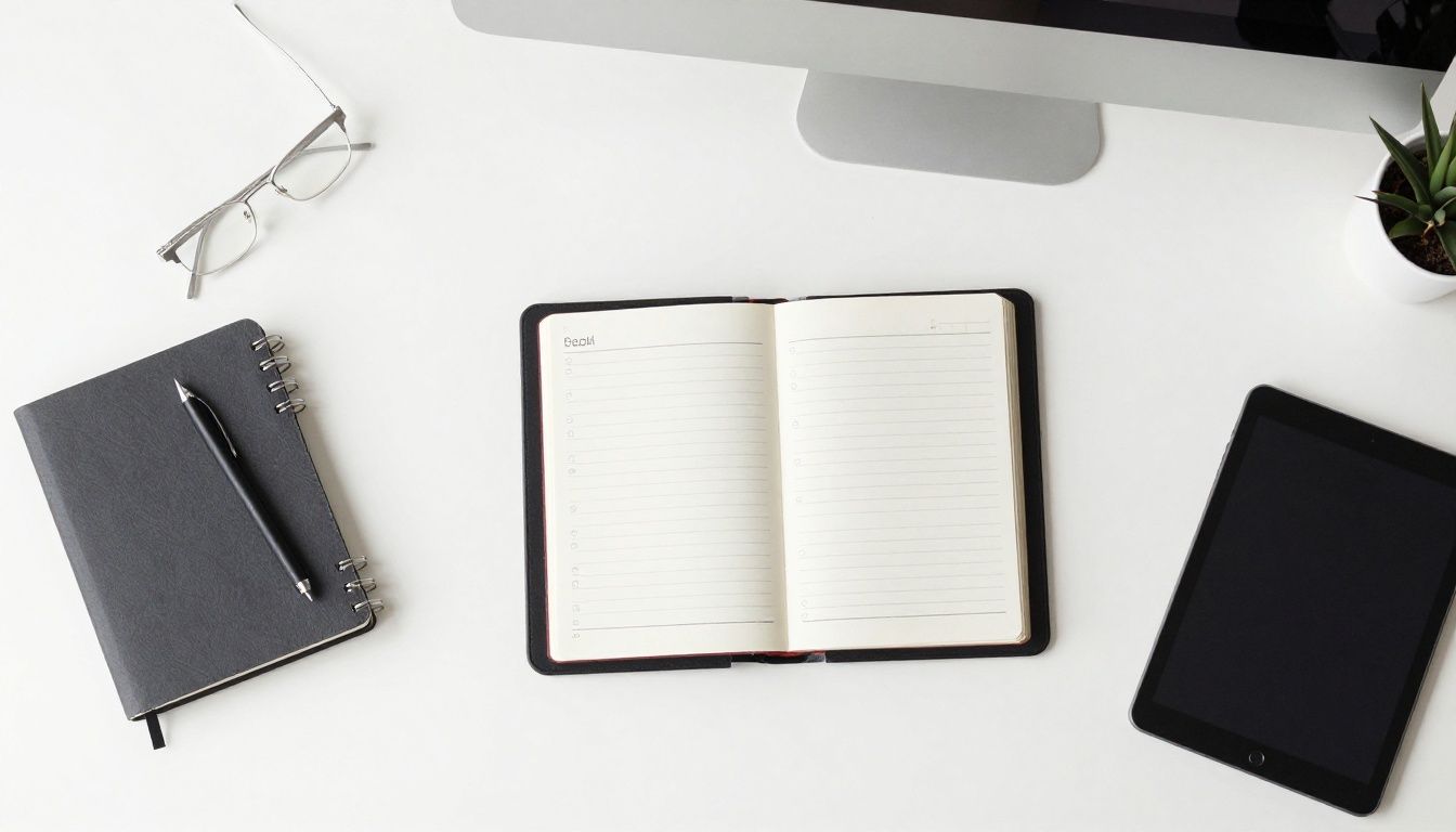 A clean, minimalist desk setup featuring a high-quality journal and a digital tablet, representing clear planning and goal setting. Professional, aspirational, and grounded in reality, with diverse professional elements visible.