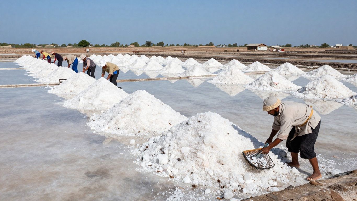 Salinas tradicionais com trabalhadores e cristais de sal.