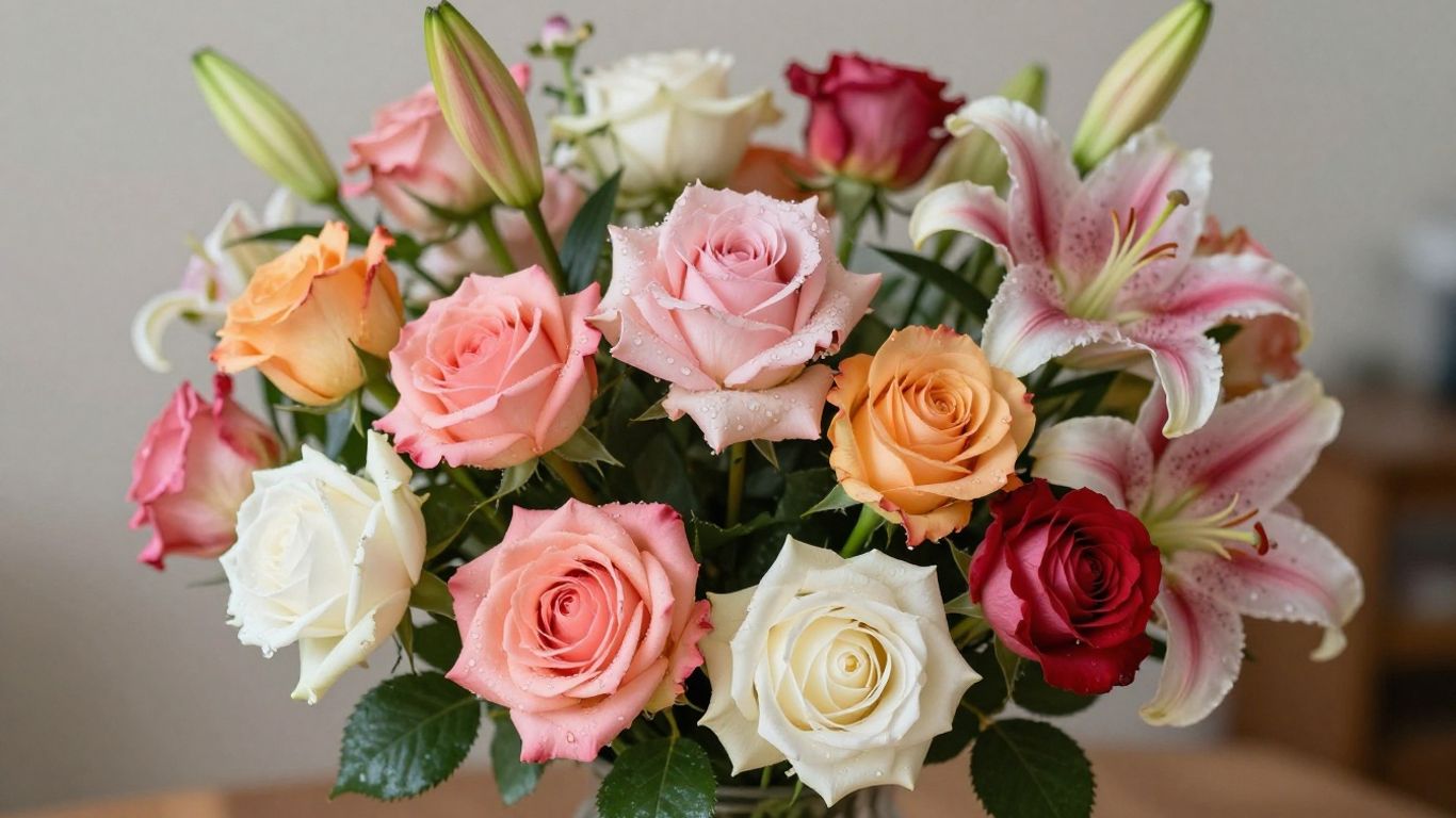 Colorful flower arrangement with roses and lilies.