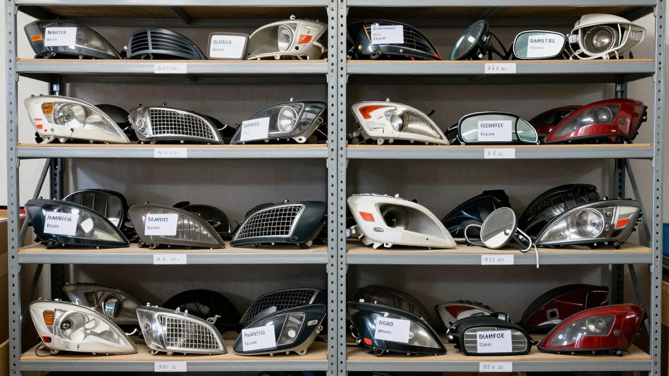 A collection of organized automotive parts in shelving