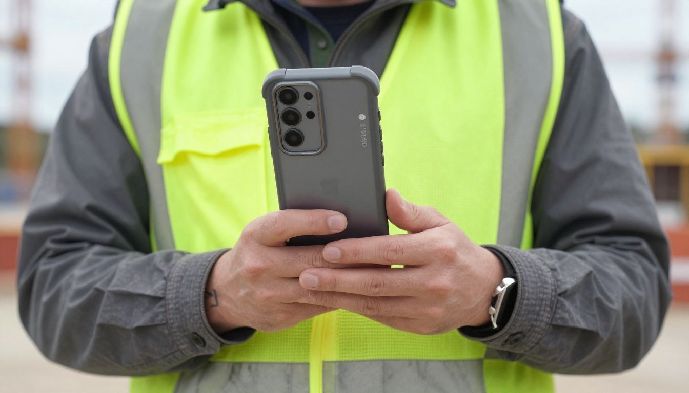 A construction worker on a building site in Australia, using a Galaxy S25 FE that is protected by a sturdy, waterproof case.
