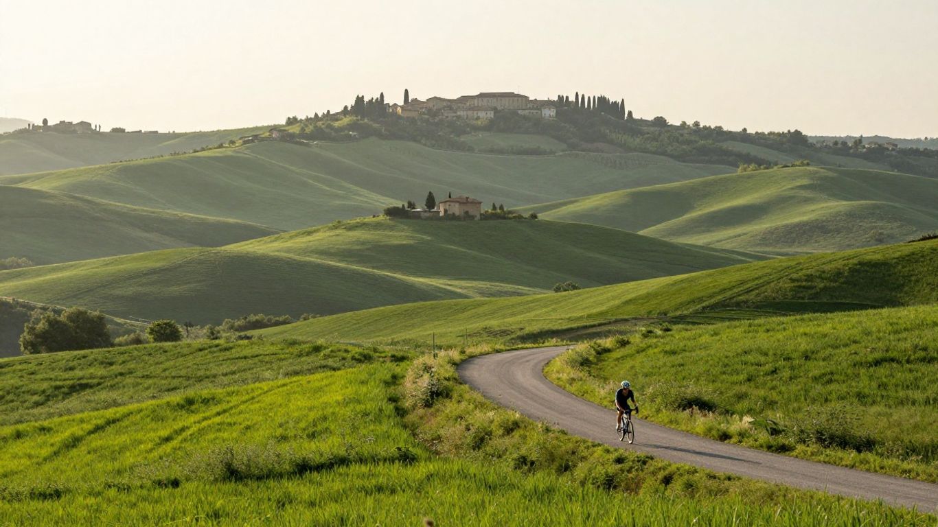 Cyclist riding a quiet road above Marche hills