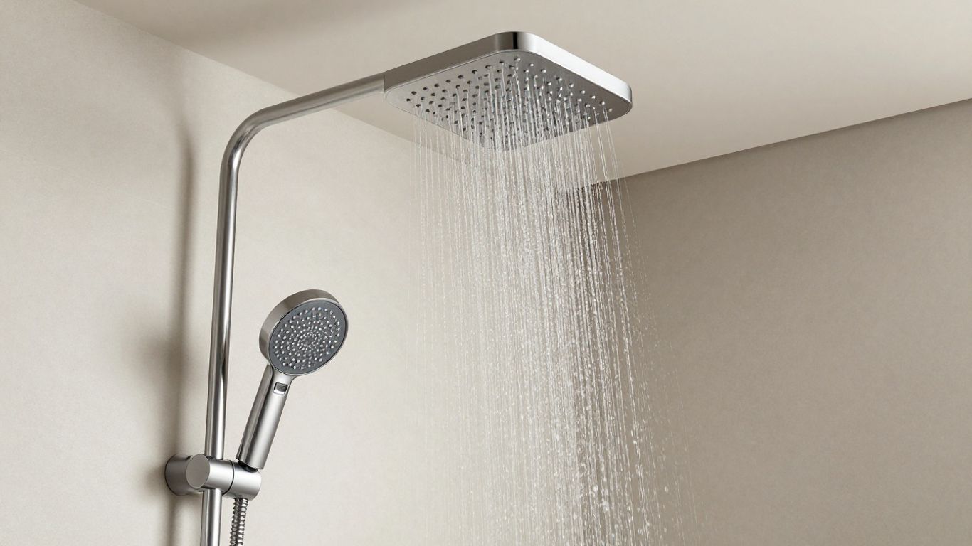 Rainfall shower head with handheld wand in a modern bathroom.
