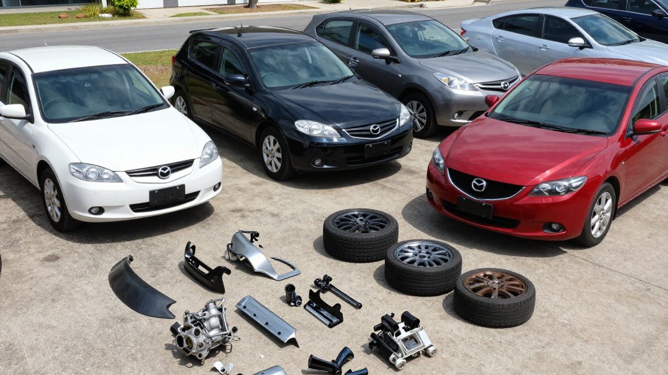 Used Mazda 3 parts arranged at local yard