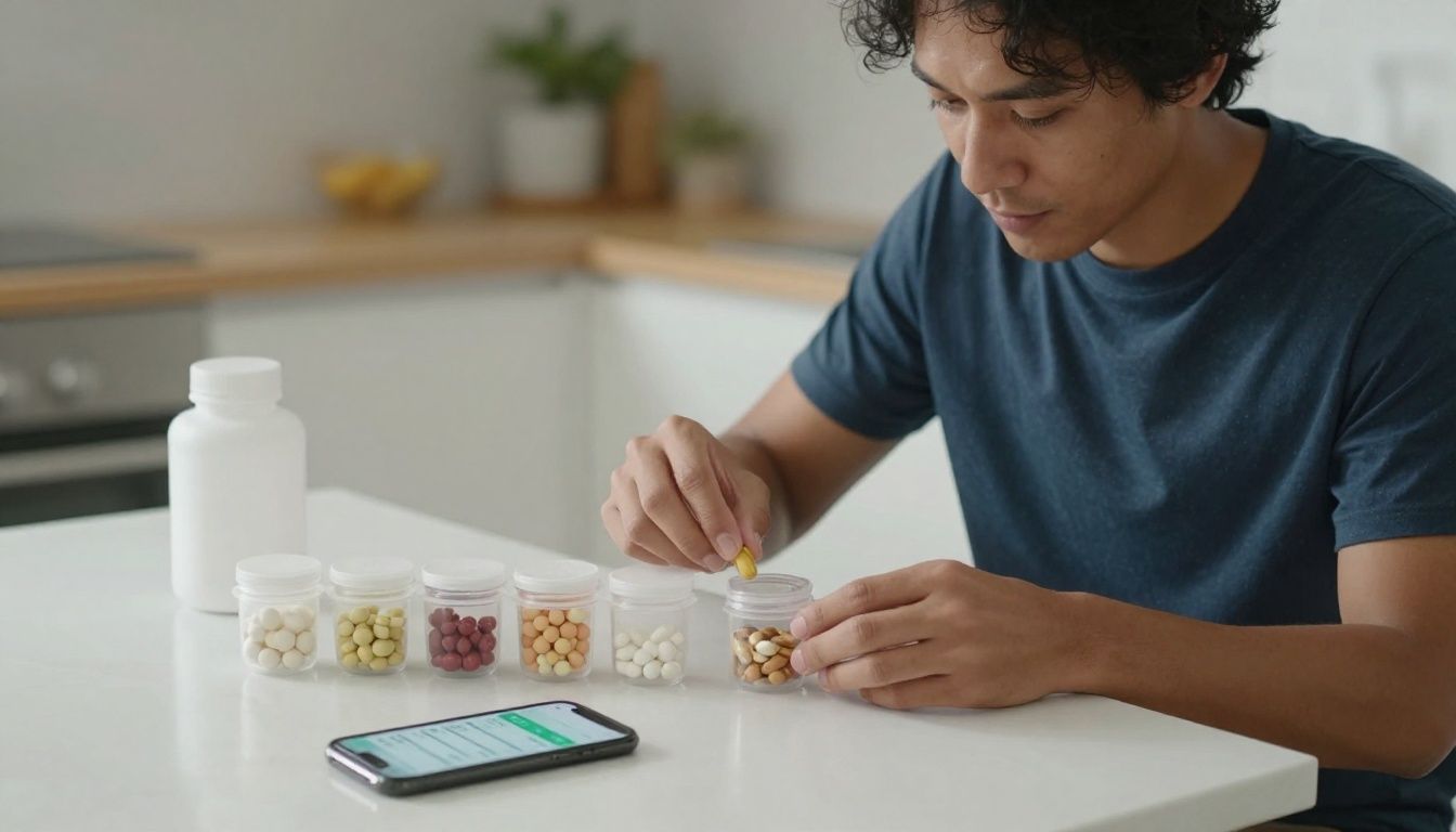 A person in their 30s with a focused expression organizes supplements and vitamins into a weekly pill container on a clean kitchen counter, with a smartphone displaying a health tracking app nearby.