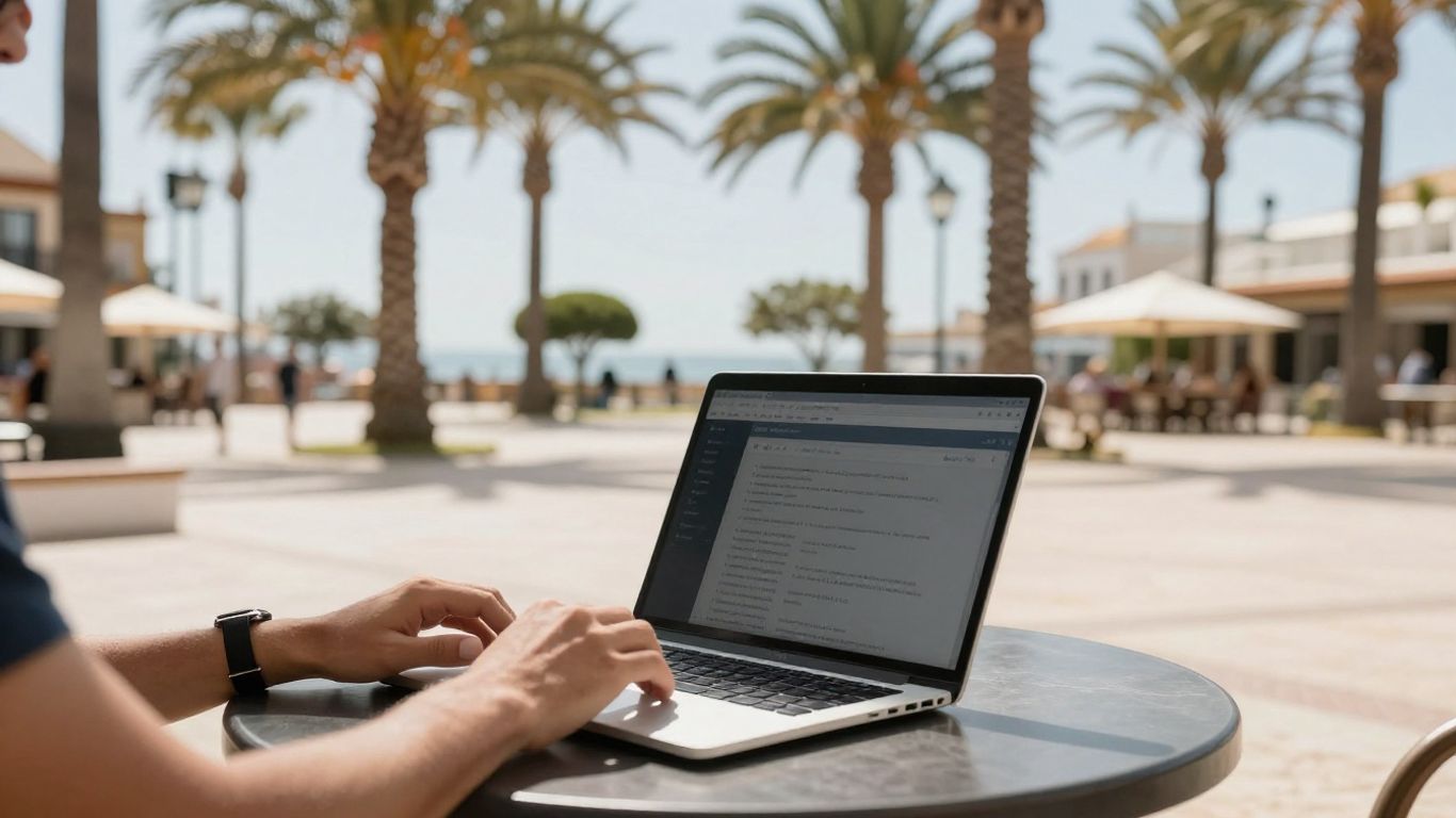 Laptop on a table in a sunny Spanish plaza.
