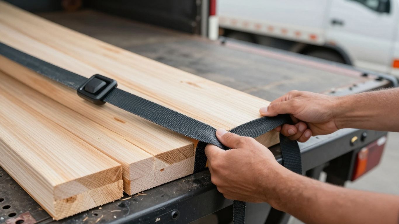 Hands tightening ratchet strap on truck cargo