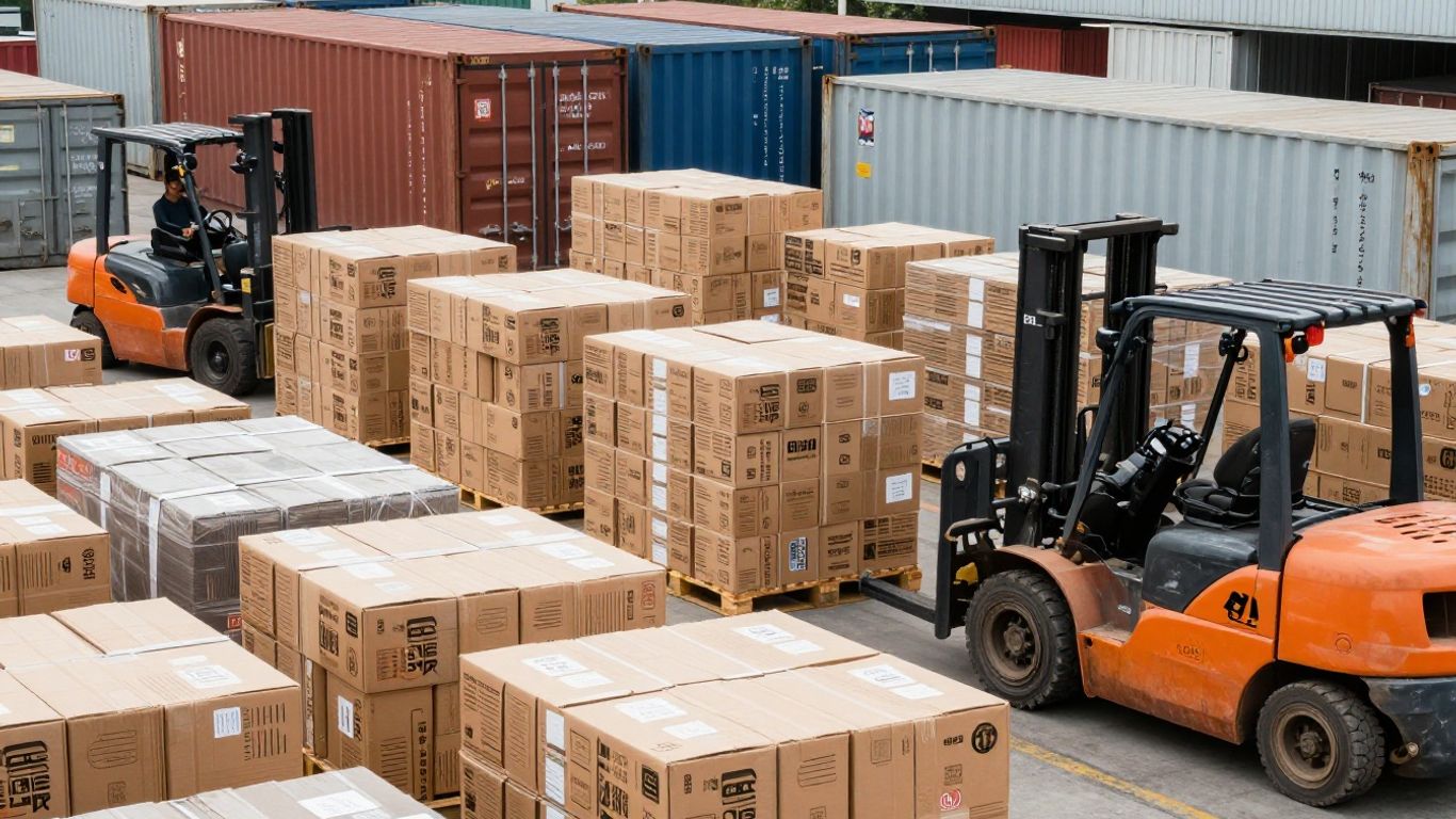 Cartons and containers staged for export after ordering from 1688