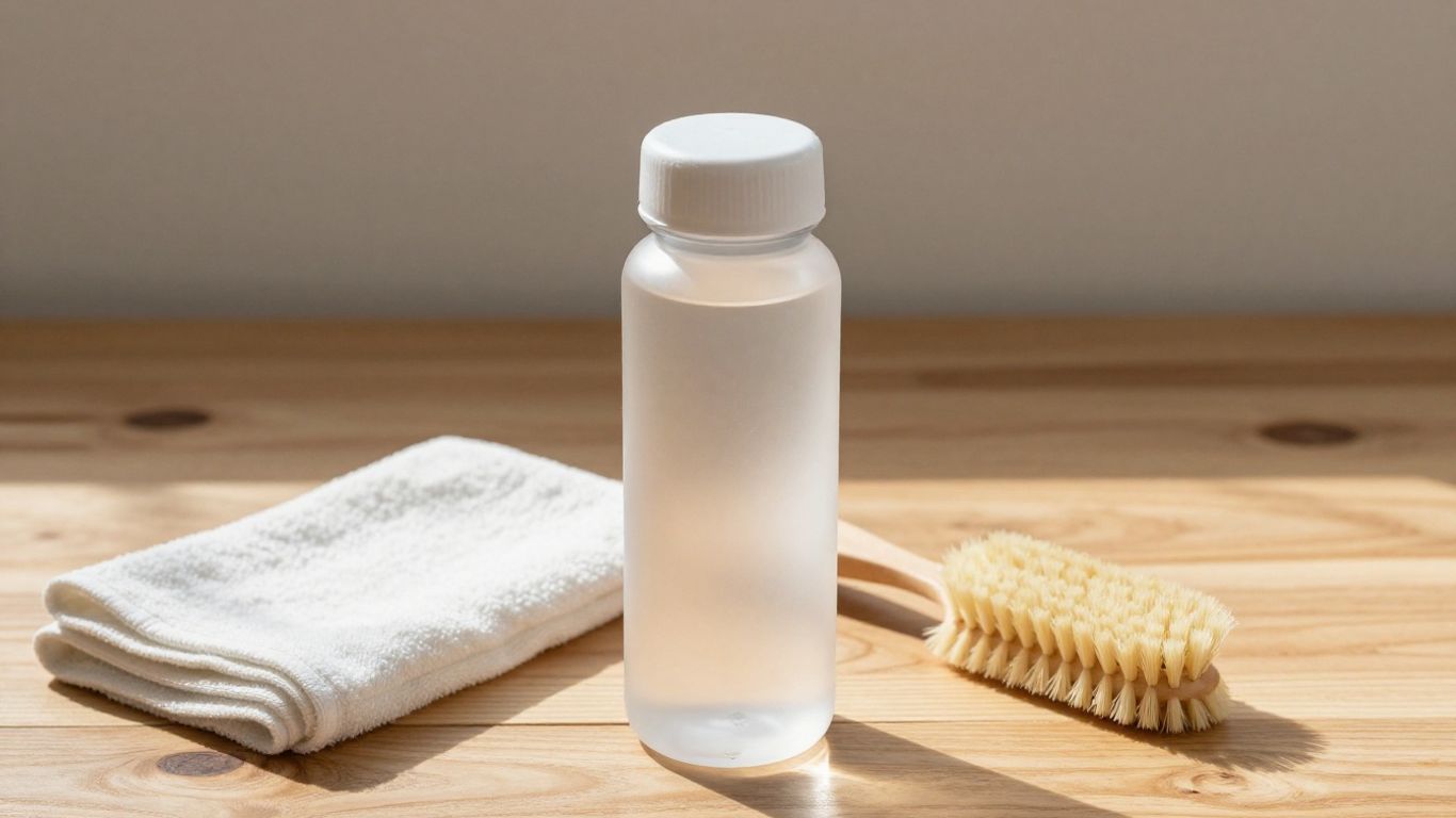 BPA-free water bottle with cleaning supplies on a wooden surface.