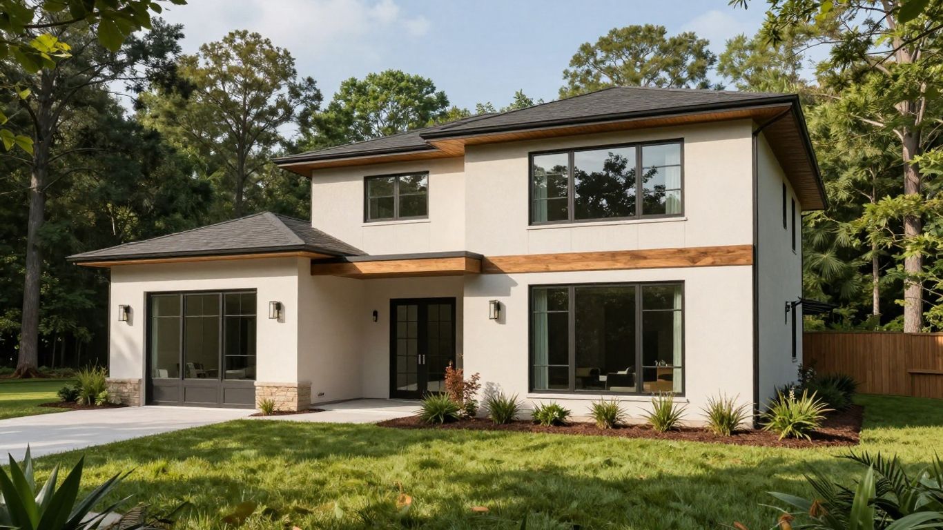 Modern house extension with large windows and natural materials.