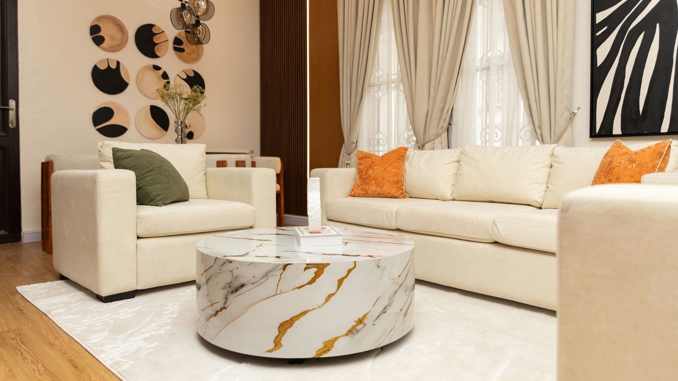 Living room with marble coffee table