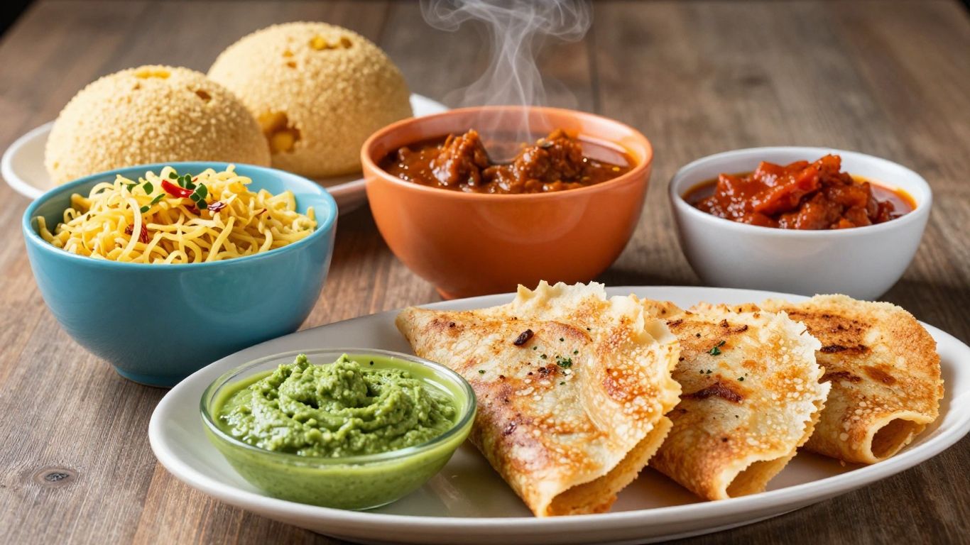 Indian vegetarian breakfast spread with idli, dosa, and upma.