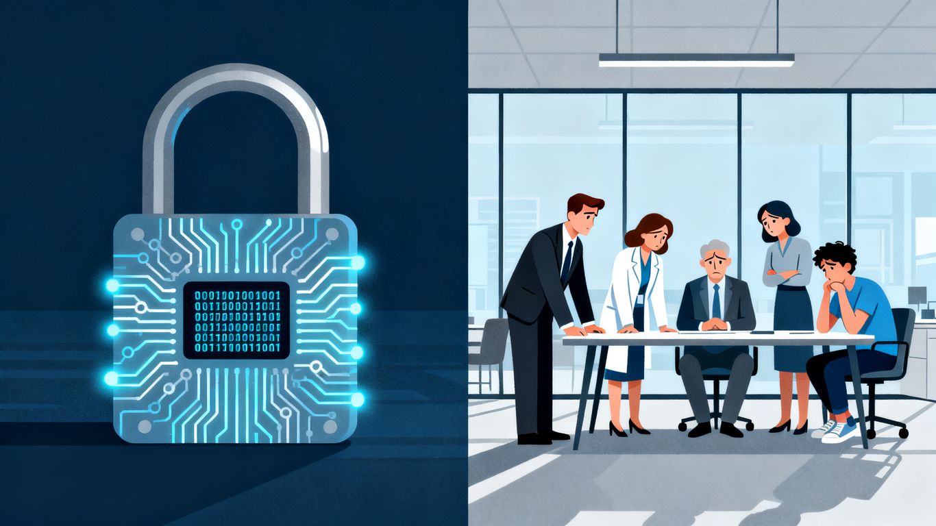 Padlock and concerned office workers