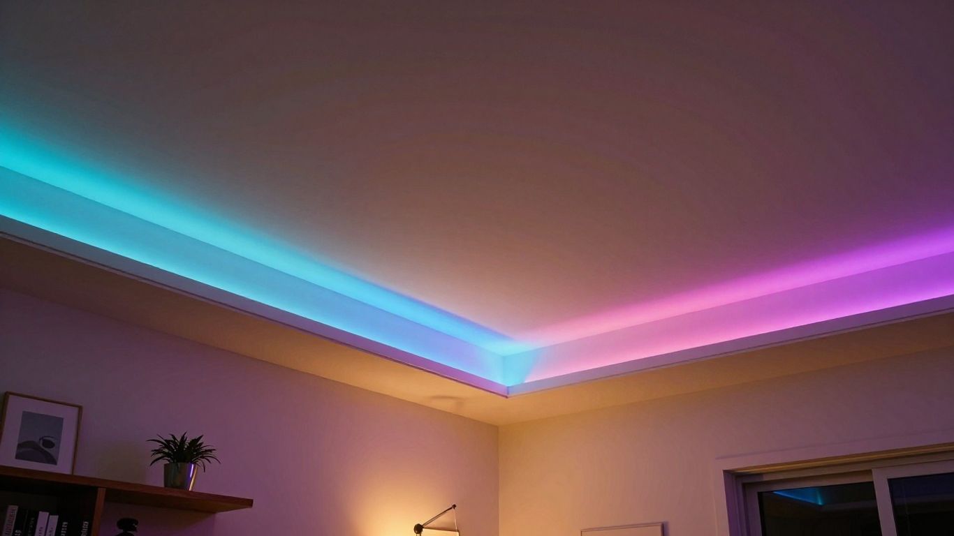 Ceiling with colourful LED strip lights creating ambient glow.