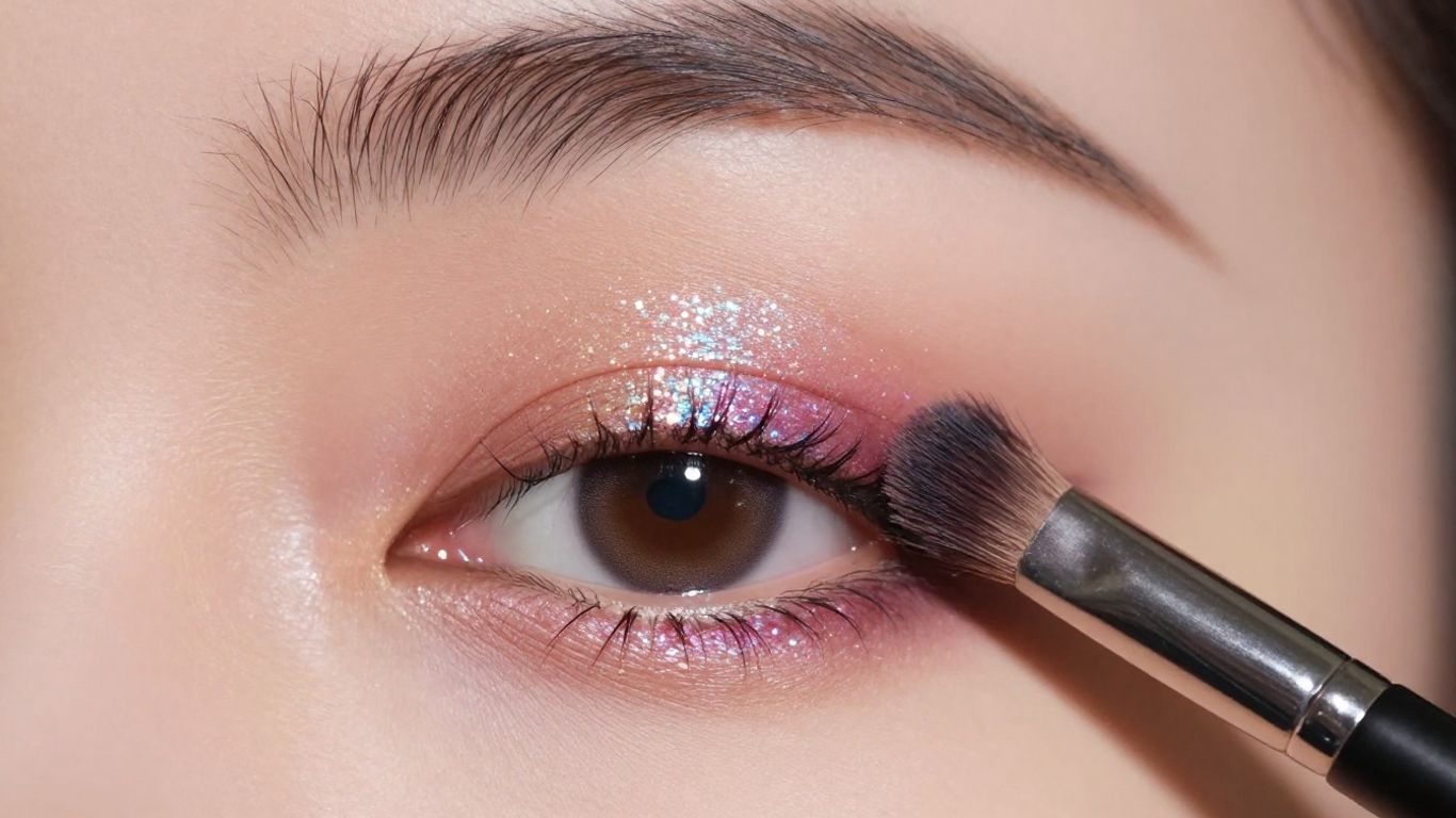 Woman's eye with glitter eyeshadow and makeup brush.