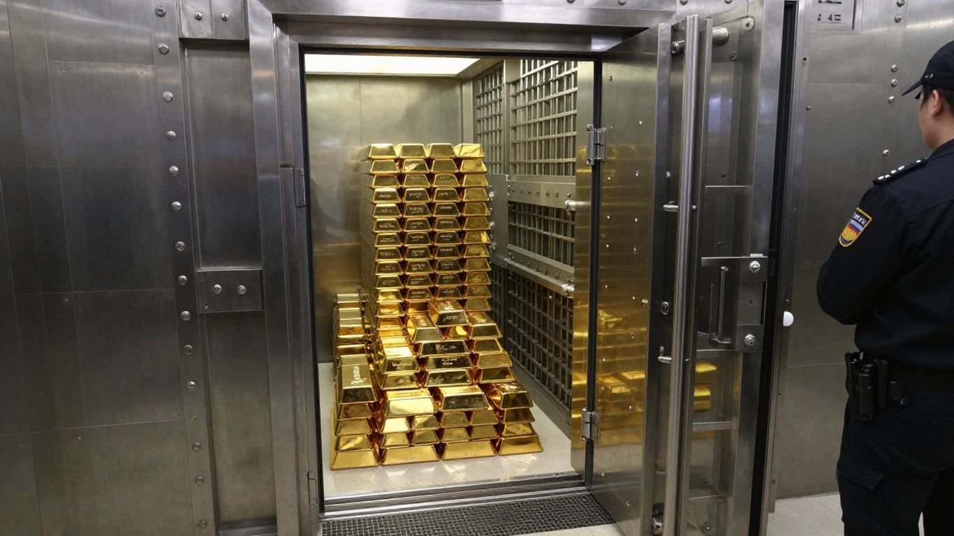 戒备森严的金库里堆放着金条。