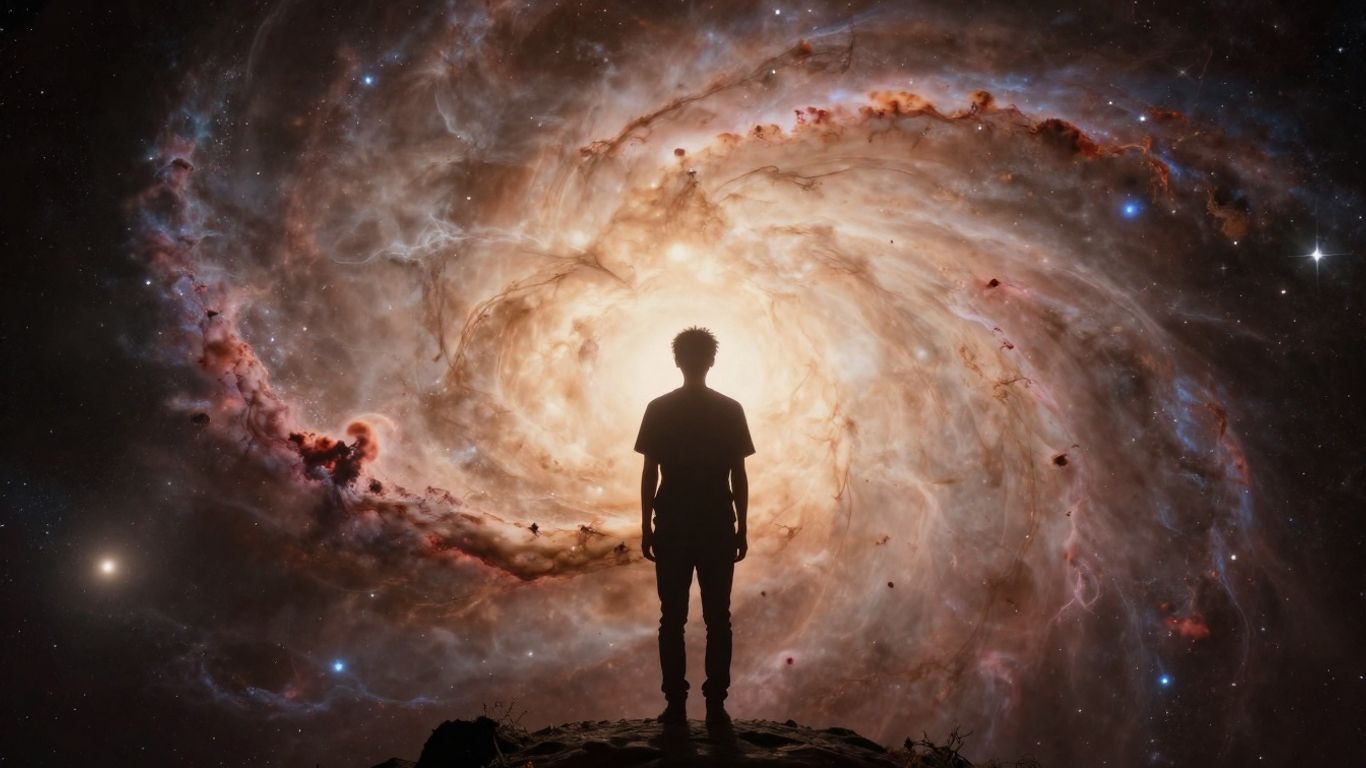 The pioneer standing before a fiery nebula