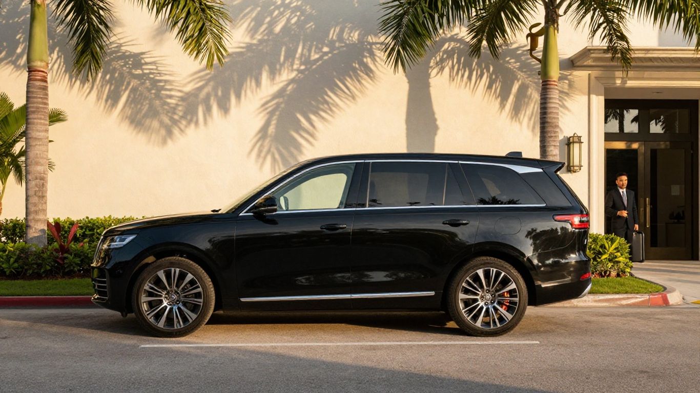 Elegant black SUV beside a Florida hotel