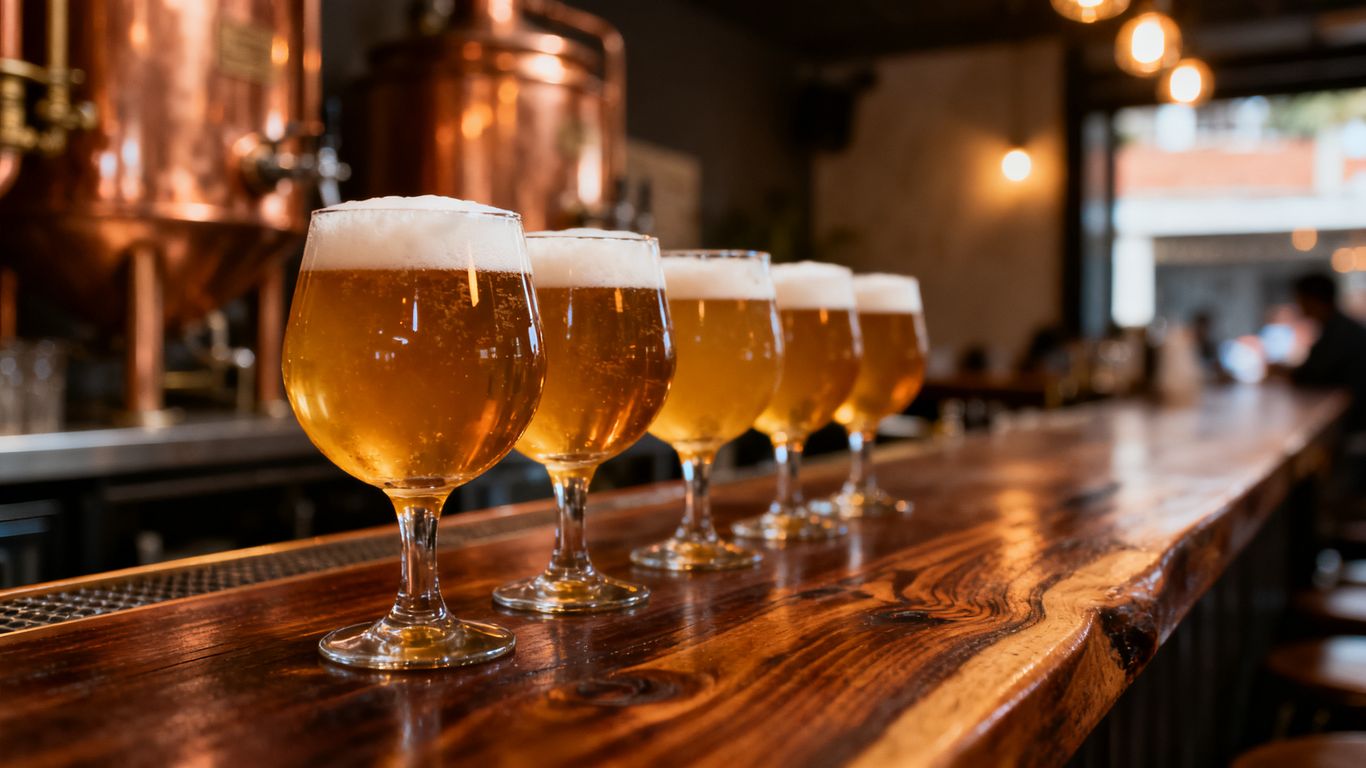 Colorful Colombian craft beers on a wooden bar