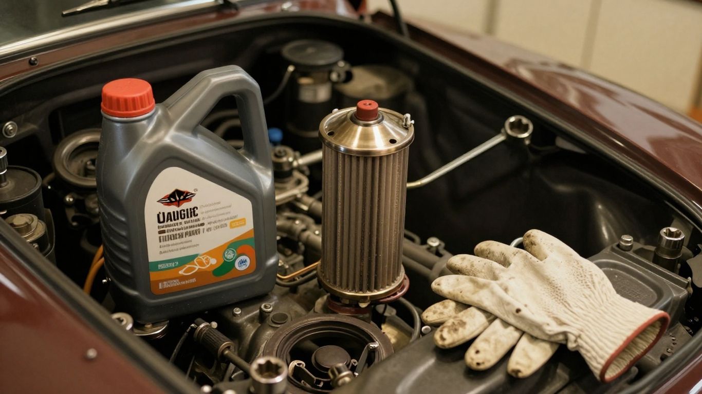 Engine oil, filter, and tools beside an MG