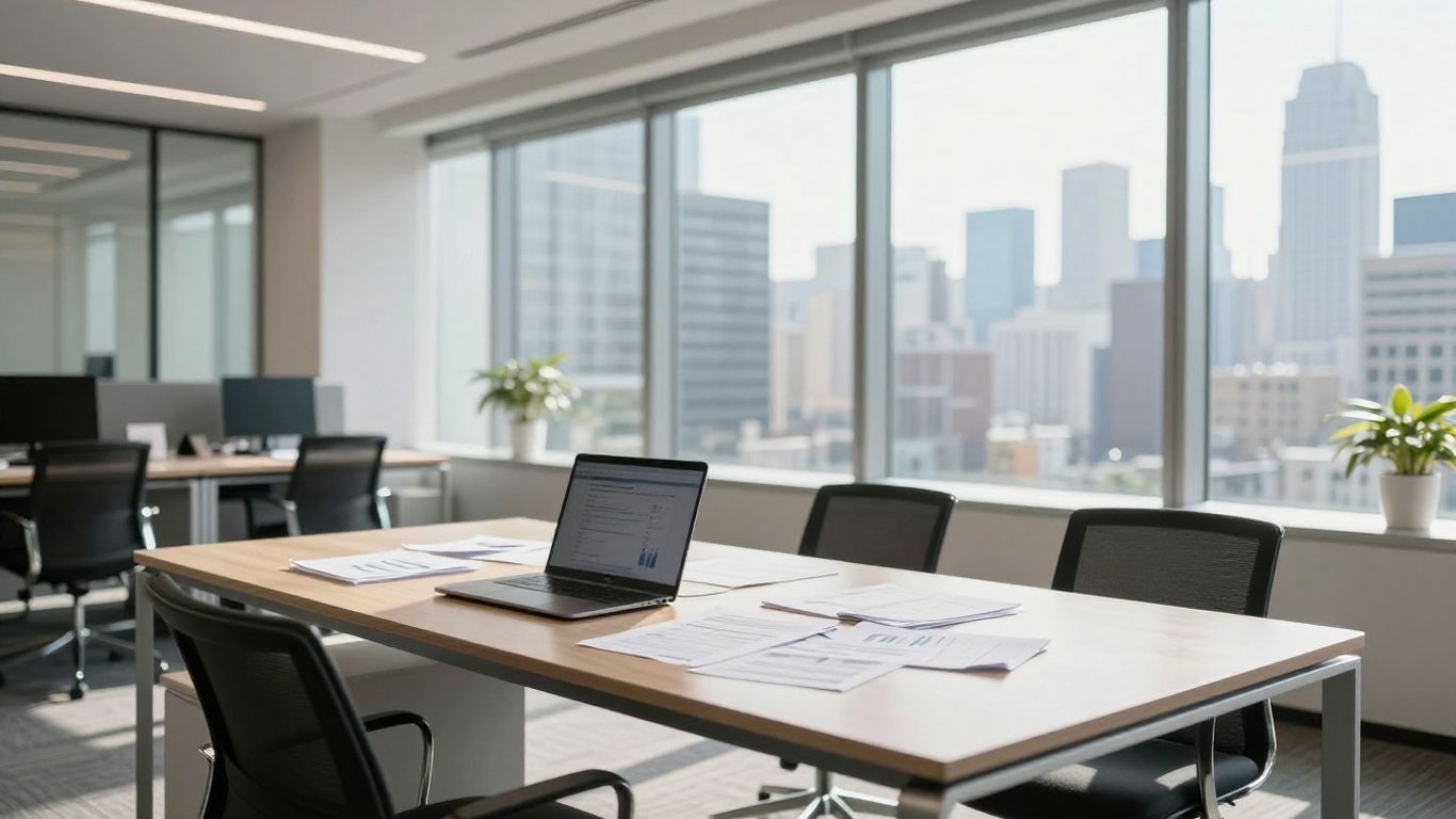 Modern office space with city view, professional atmosphere.