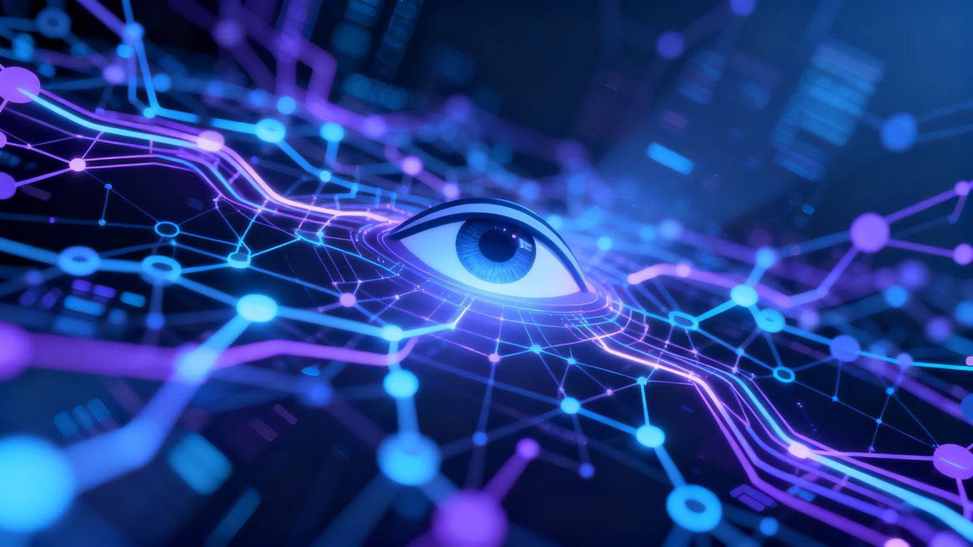 Abstract visualization of AI neural network and data flow.