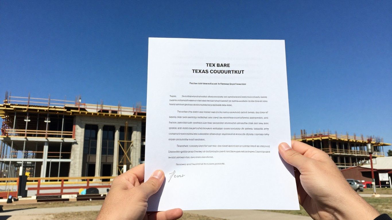 Texas courthouse and construction site with legal document.