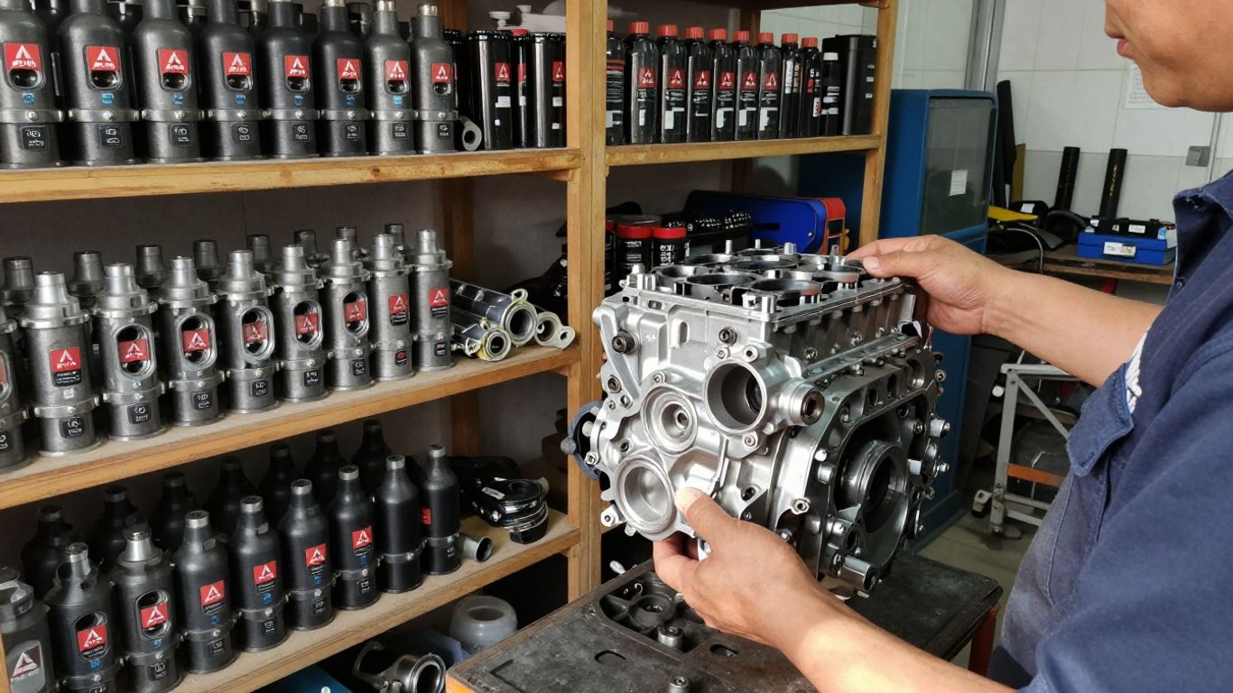 Mitsubishi car parts in a workshop