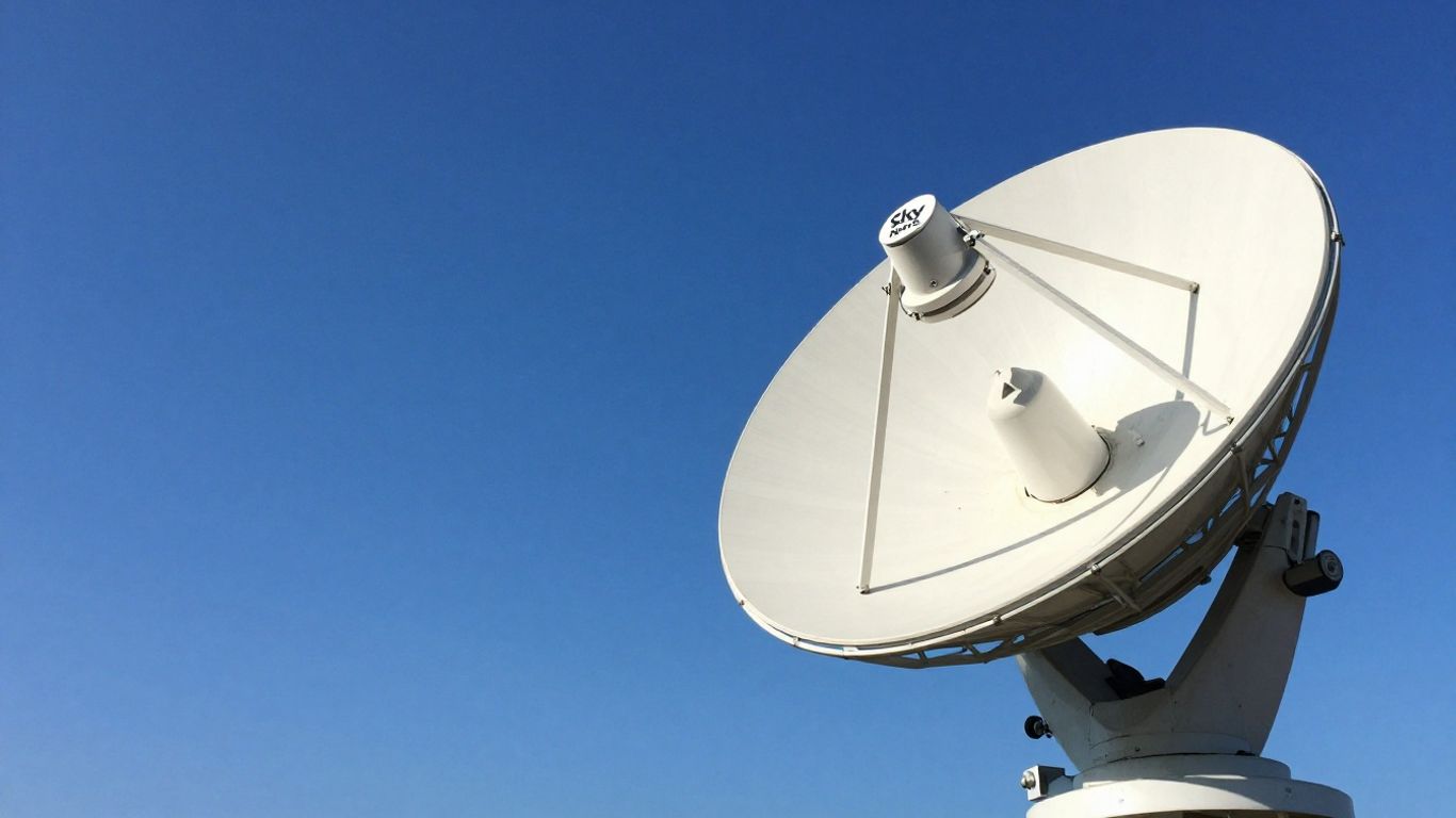 Satellite dish with Sky News logo against blue sky.