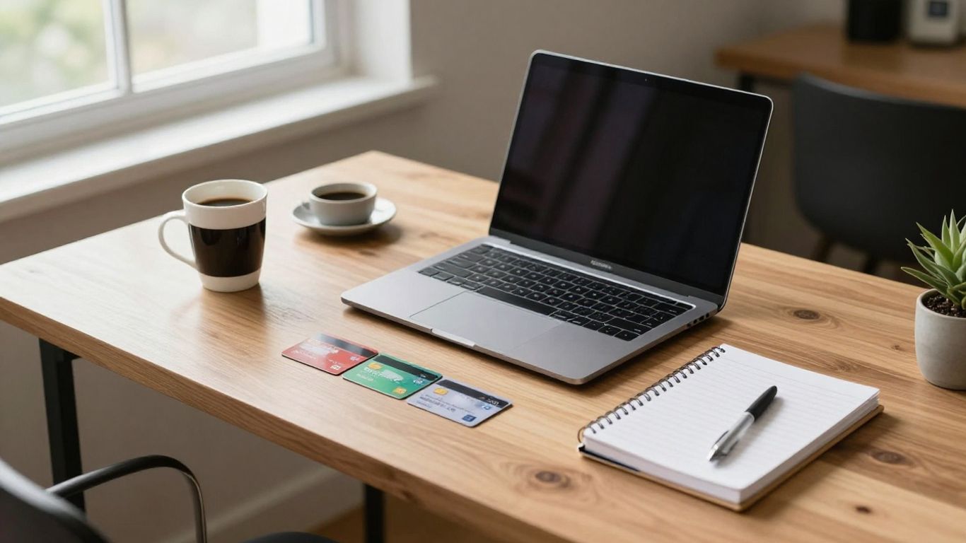 A wooden desk with a laptop and credit cards