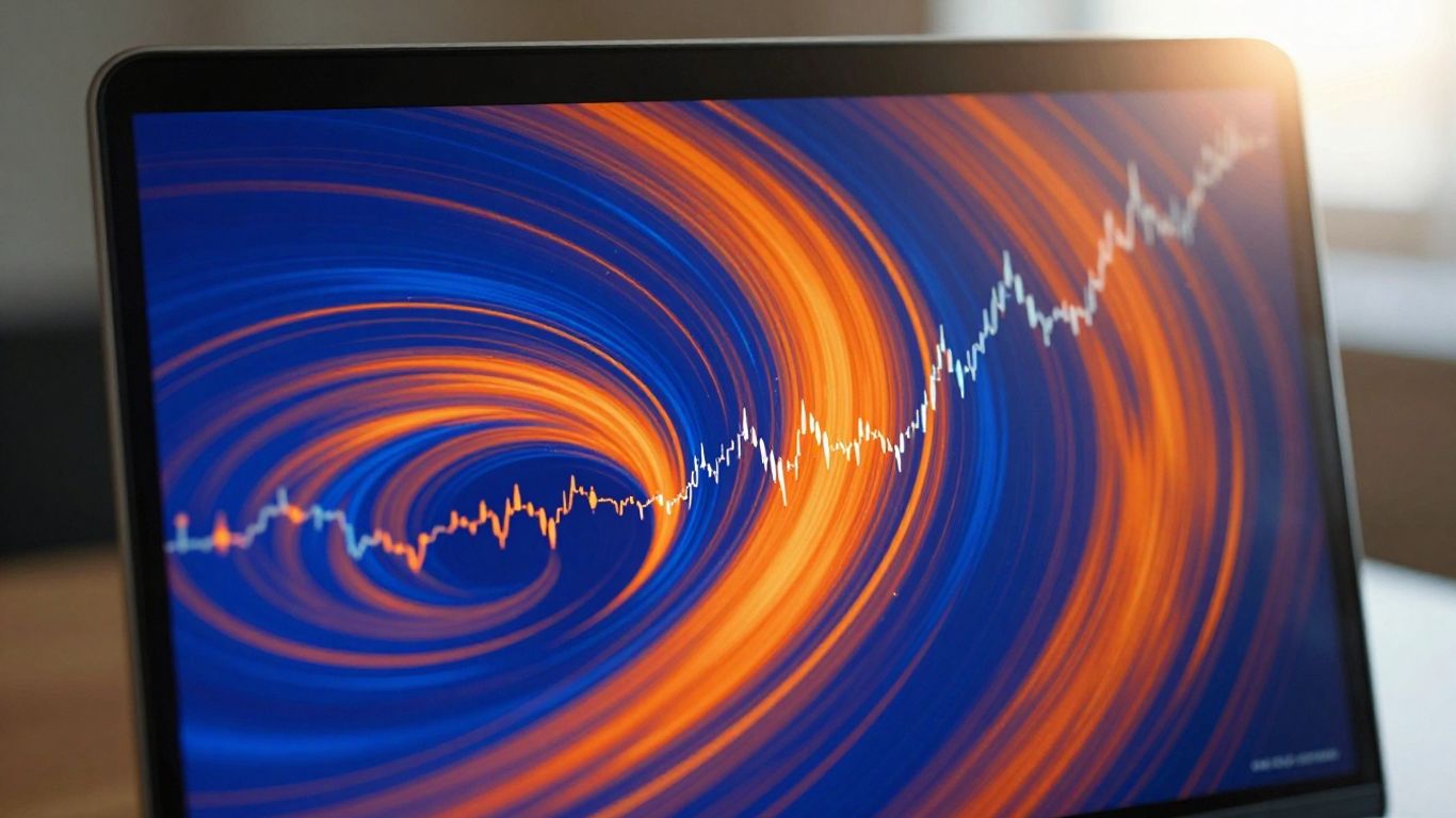 Forex trading screen with abstract currency fluctuations.